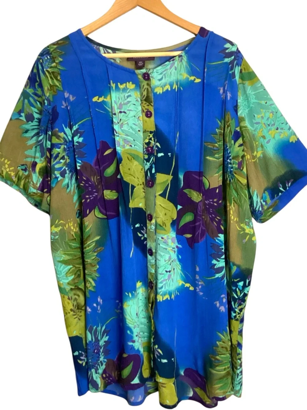 Roaman’s 14W Blue Floral Rayon Blouse Boho Artsy Button Front Top‎ Crinkle Gauze